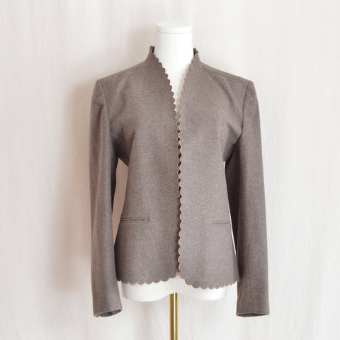 vintage taupe brown wool blend scallop edge blazer