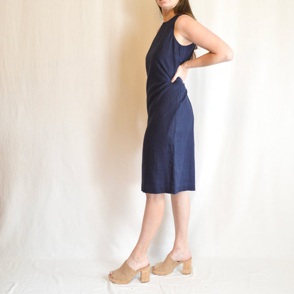 vintage navy blue ralph lauren linen sheath dress