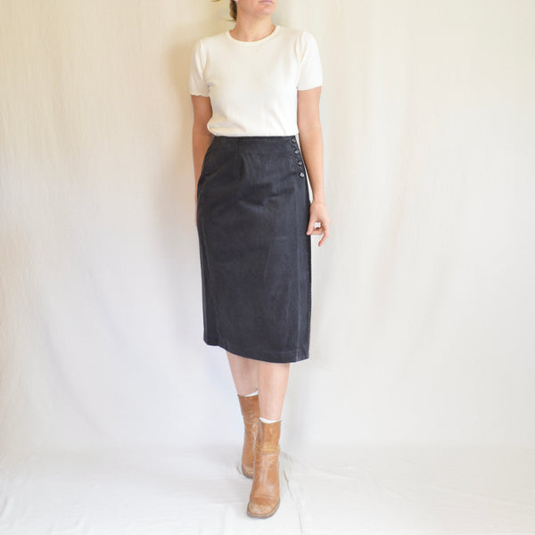 28" long button up black denim wrap skirt