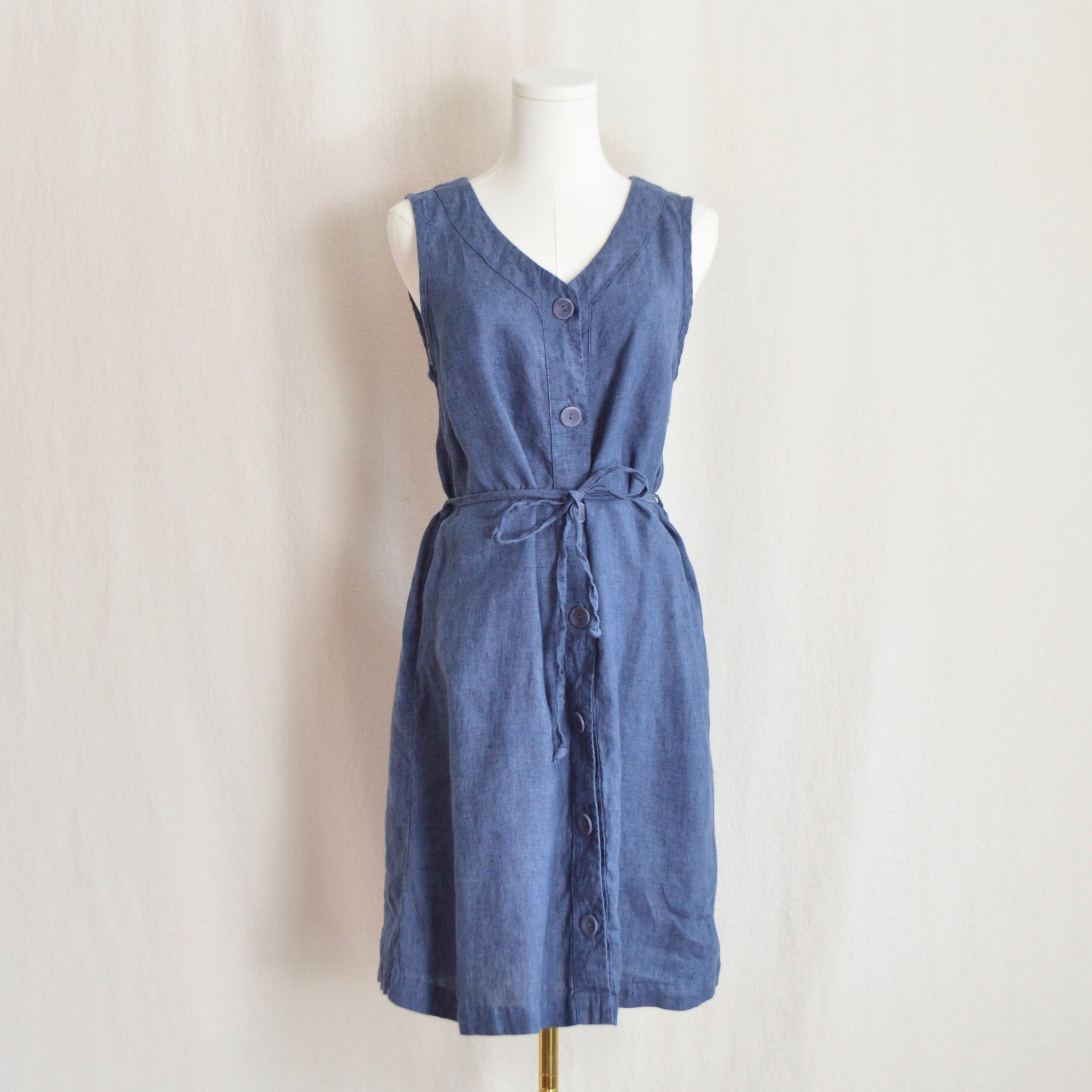 dark heather blue flax linen button down tie waist tank dress