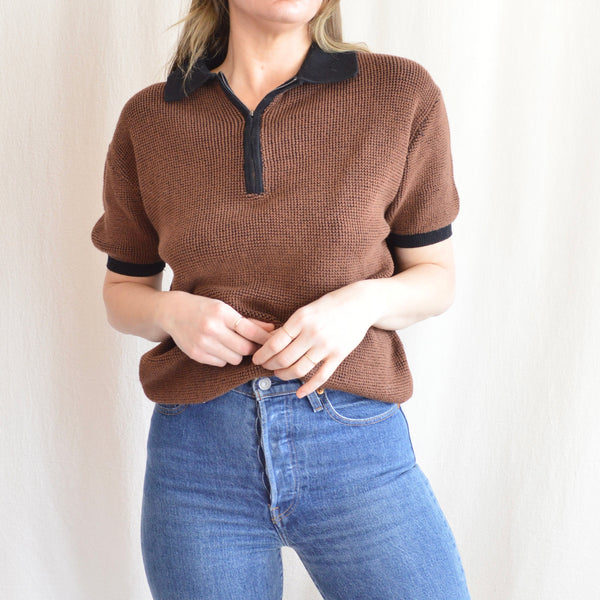 brown and black quarter zip knit sweater tee