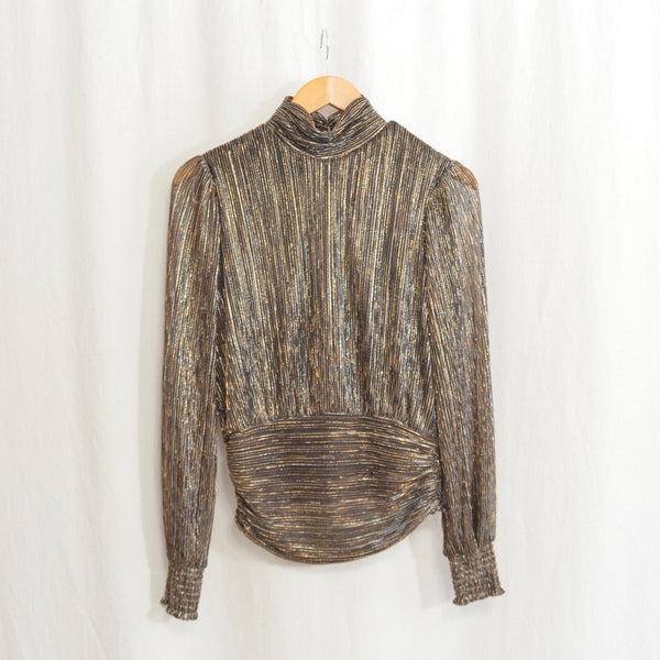 turtleneck tinsel top with cinch waist and back keyhole button