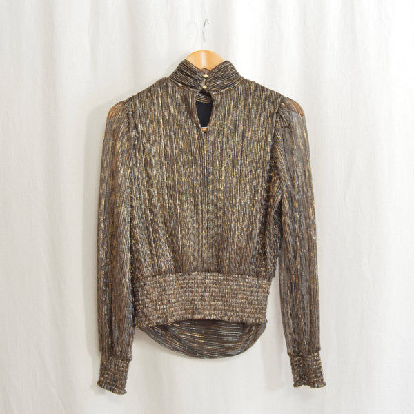 turtleneck tinsel top with cinch waist and back keyhole button