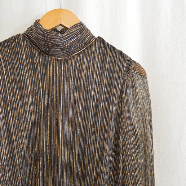 turtleneck tinsel top with cinch waist and back keyhole button