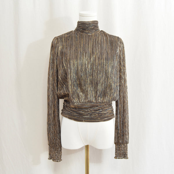 turtleneck tinsel top with cinch waist and back keyhole button