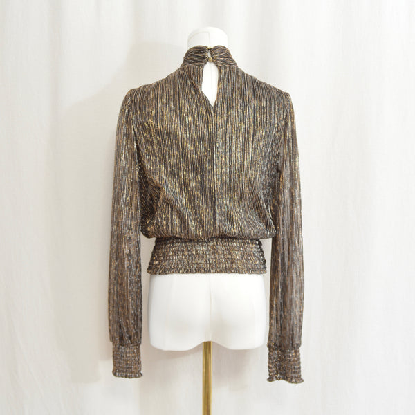 turtleneck tinsel top with cinch waist and back keyhole button