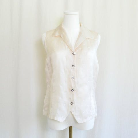 light pink pure silk botanical embroidered button down tank