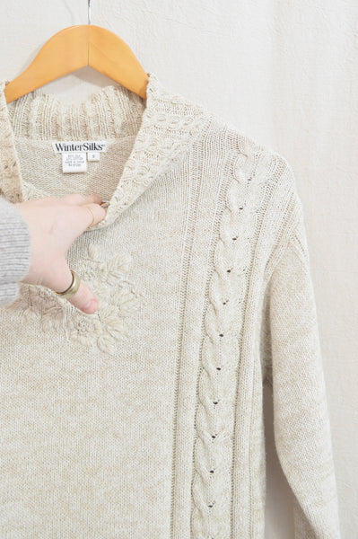 light oatmeal beige silk embroidered mock neck jumper