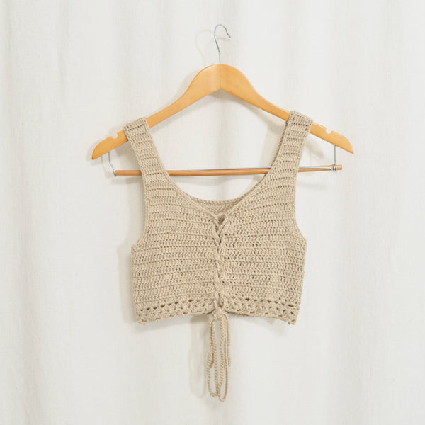 taupe tan tie front little crochet cropped tank top