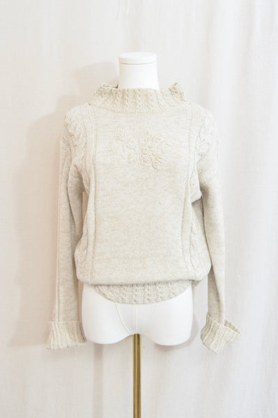 light oatmeal beige silk embroidered mock neck jumper