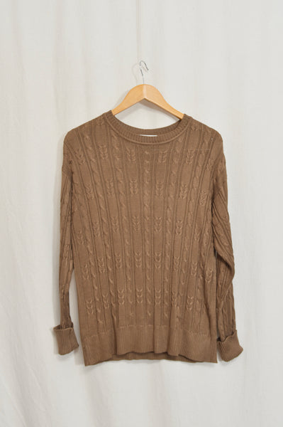 pure silk warm light brown cable knit crew neck sweater