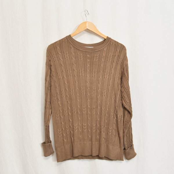 pure silk warm light brown cable knit crew neck sweater