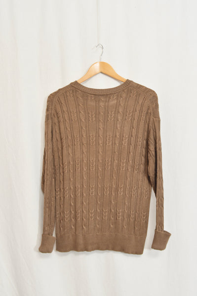 pure silk warm light brown cable knit crew neck sweater