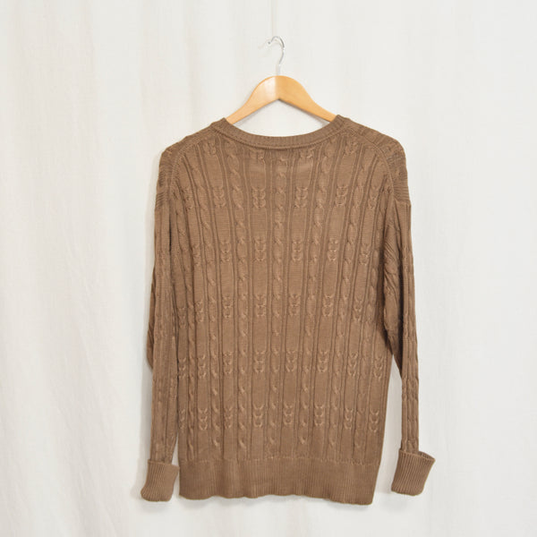 pure silk warm light brown cable knit crew neck sweater