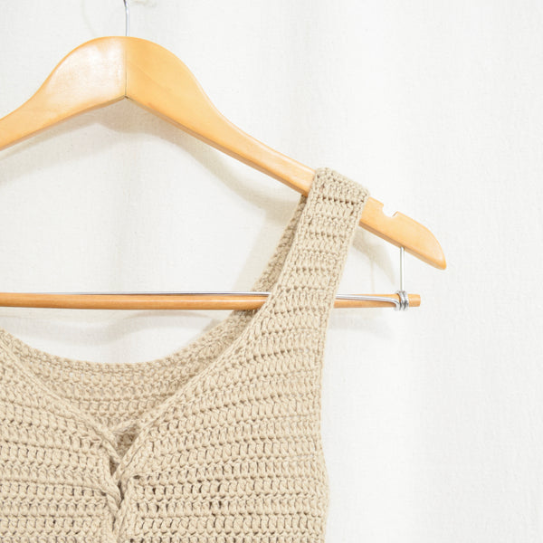 taupe tan tie front little crochet cropped tank top