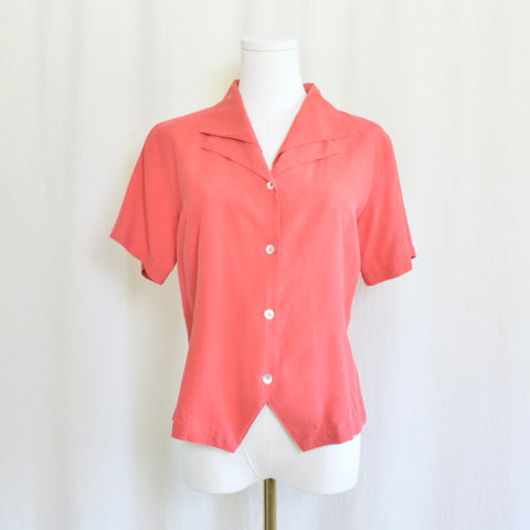 slightly cropped red pure silk collared button down blouse