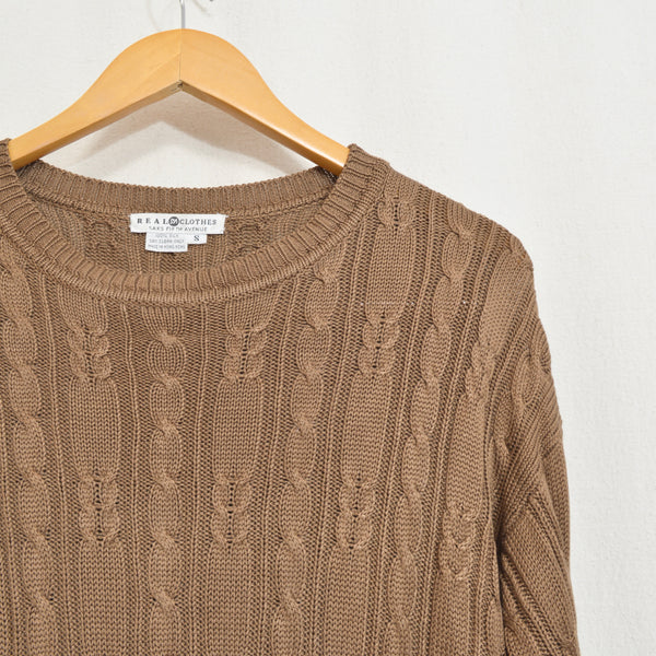 pure silk warm light brown cable knit crew neck sweater