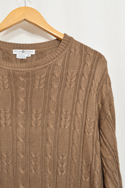 pure silk warm light brown cable knit crew neck sweater
