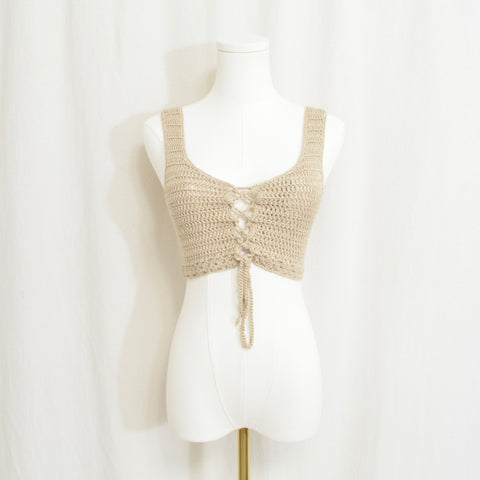 taupe tan tie front little crochet cropped tank top