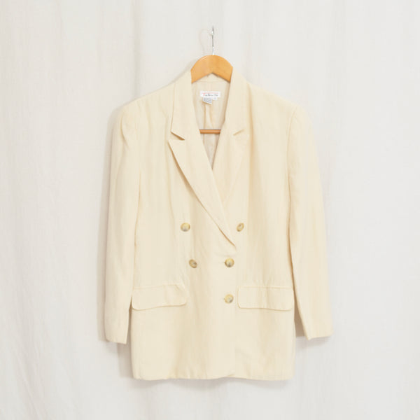 classic cream colored silk and linen blend button down blazer