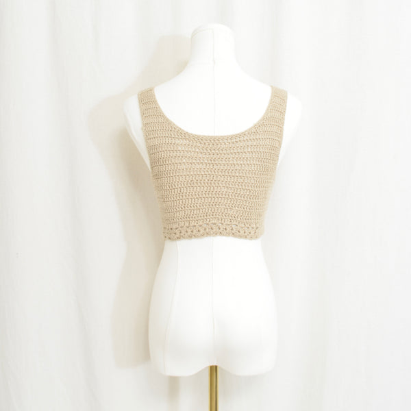 taupe tan tie front little crochet cropped tank top
