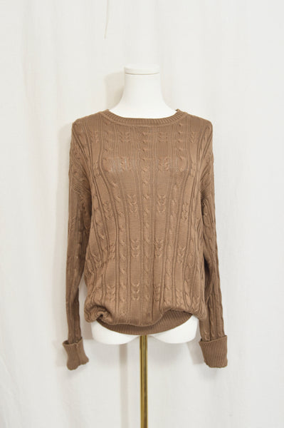 pure silk warm light brown cable knit crew neck sweater