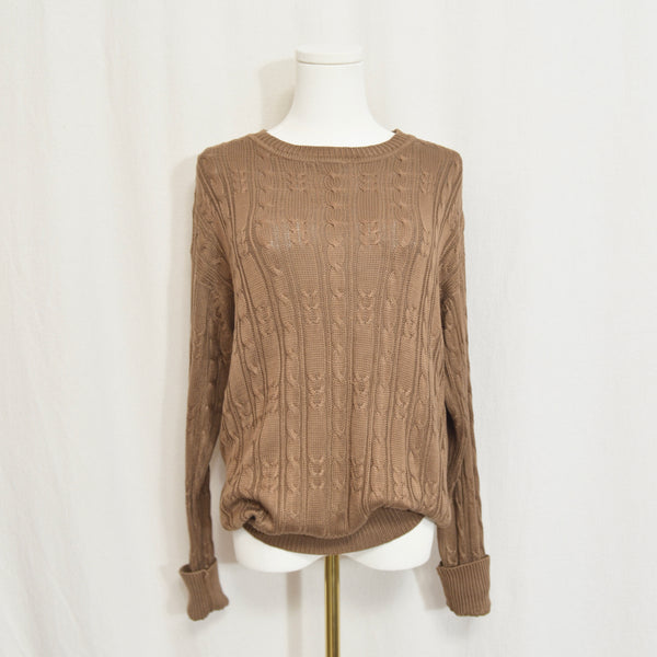 pure silk warm light brown cable knit crew neck sweater