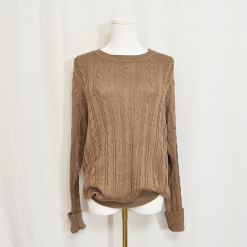 pure silk warm light brown cable knit crew neck sweater