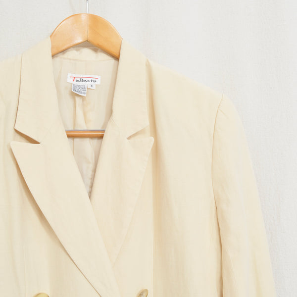 classic cream colored silk and linen blend button down blazer