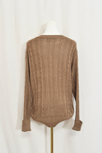 pure silk warm light brown cable knit crew neck sweater