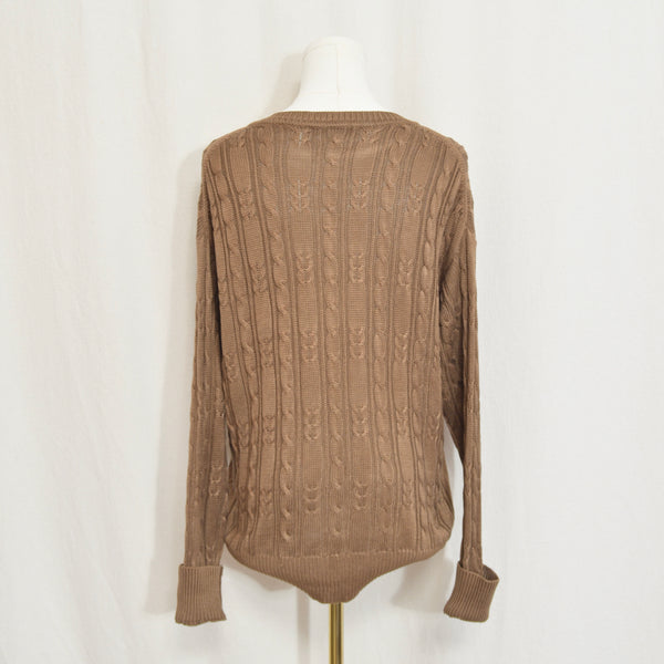 pure silk warm light brown cable knit crew neck sweater