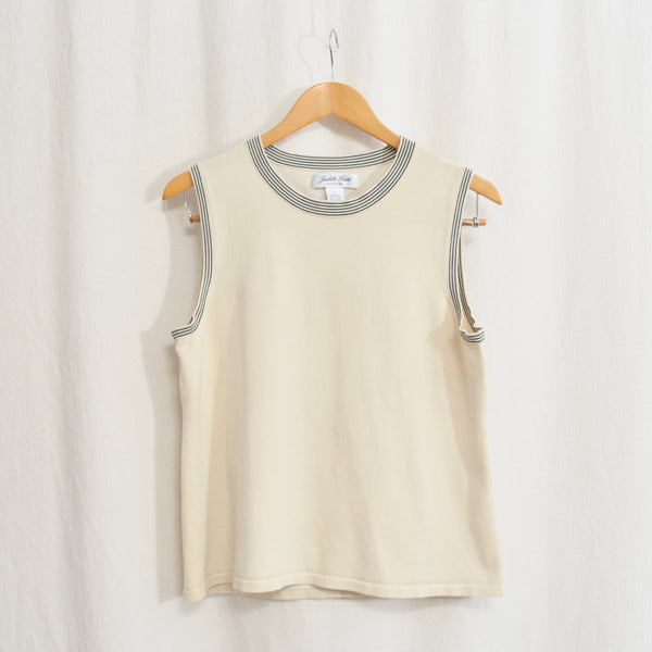 sweater knit silk blend tank with black striped banding around neck and sleeves