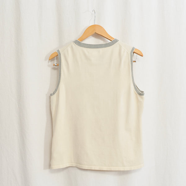 sweater knit silk blend tank with black striped banding around neck and sleeves