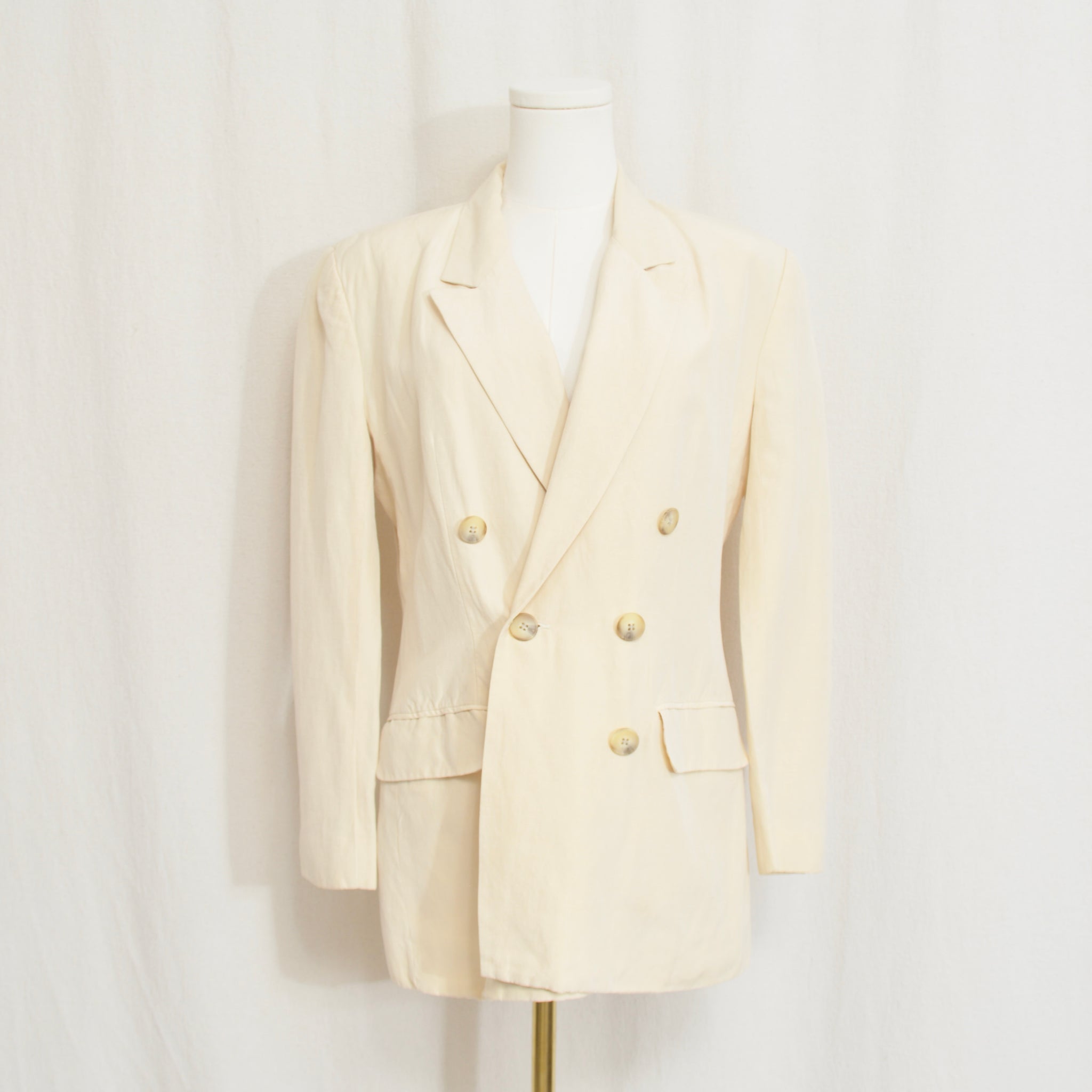 classic cream colored silk and linen blend button down blazer
