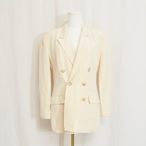classic cream colored silk and linen blend button down blazer