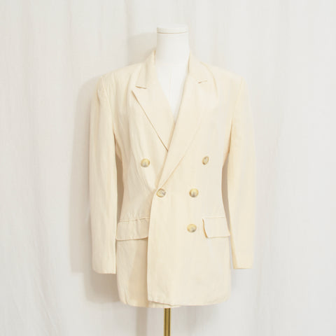 classic cream colored silk and linen blend button down blazer