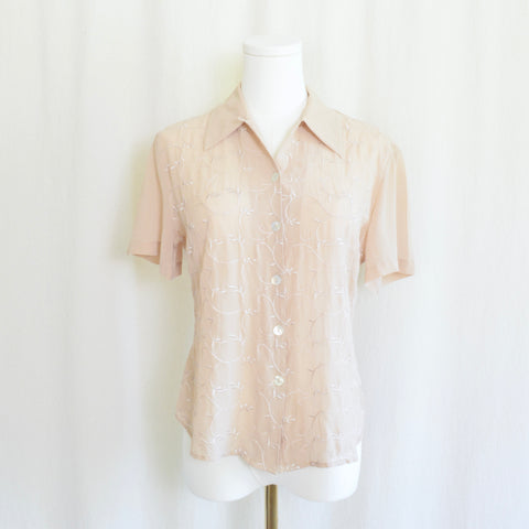 dusty rose beige embroidered silk button down blouse