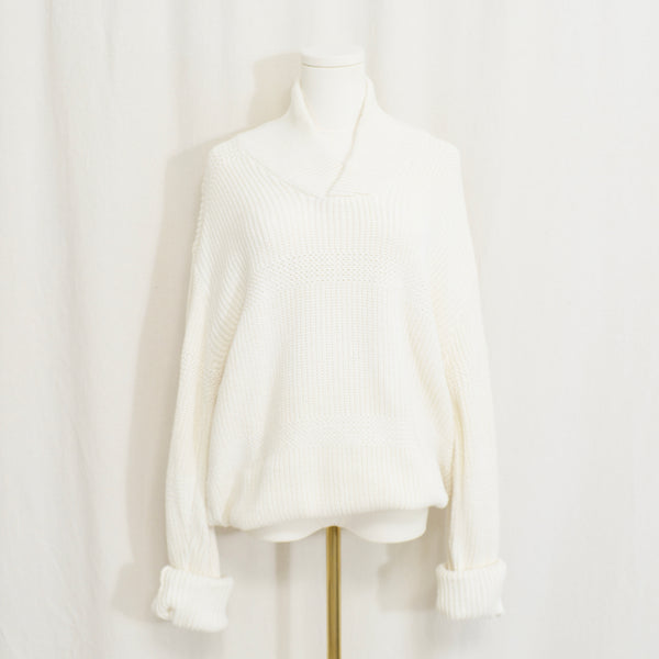ivory cotton classic shawl neck pullover sweater