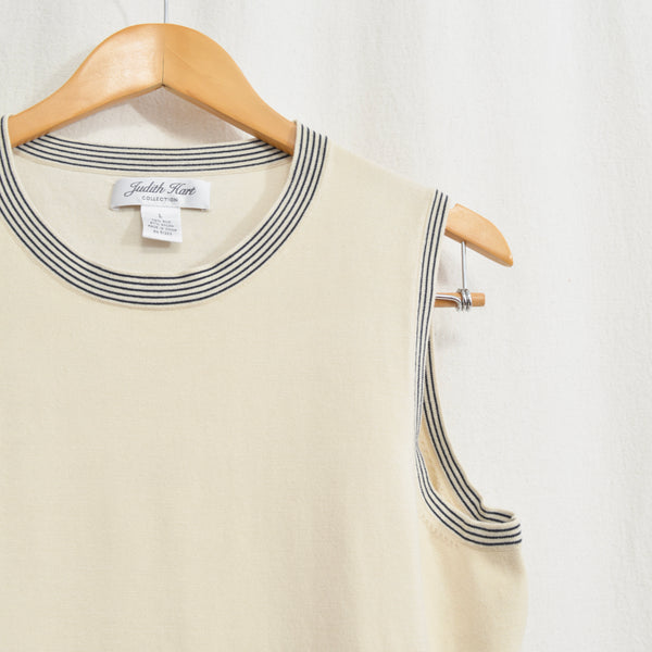 sweater knit silk blend tank with black striped banding around neck and sleeves