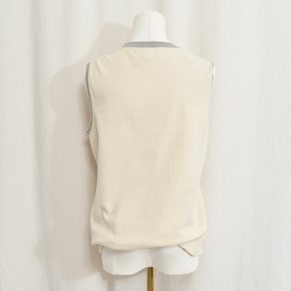 sweater knit silk blend tank with black striped banding around neck and sleeves