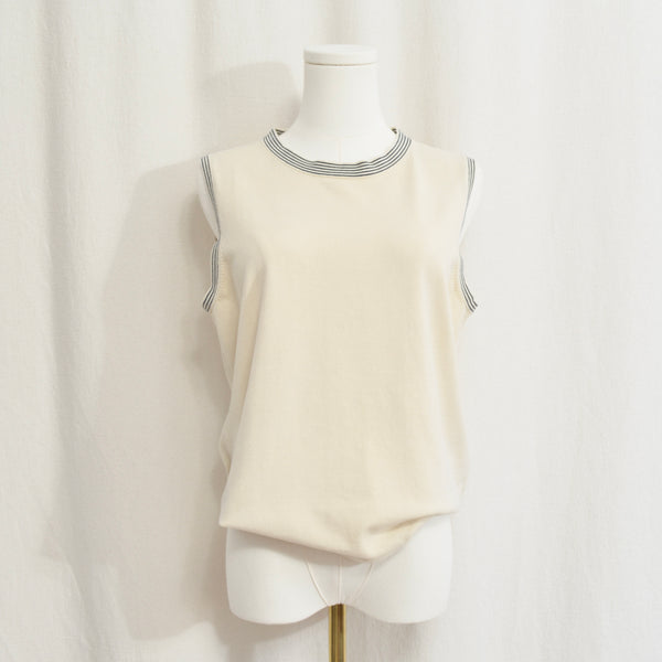 sweater knit silk blend tank with black striped banding around neck and sleeves