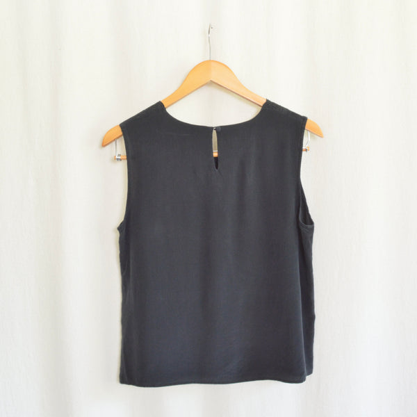 simple boxy cut pure silk black tank with lace collar
