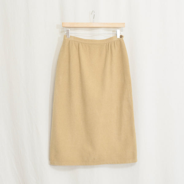 26" fully lined dark khaki wool and camel hair straight line midi skirt