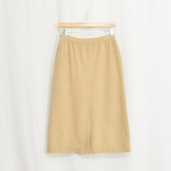 26" fully lined dark khaki wool and camel hair straight line midi skirt