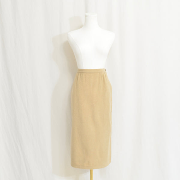 26" fully lined dark khaki wool and camel hair straight line midi skirt