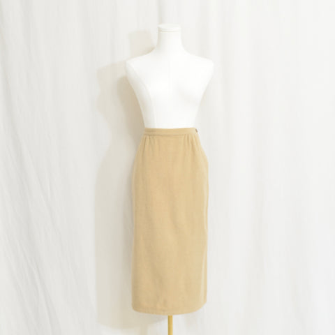 26" fully lined dark khaki wool and camel hair straight line midi skirt