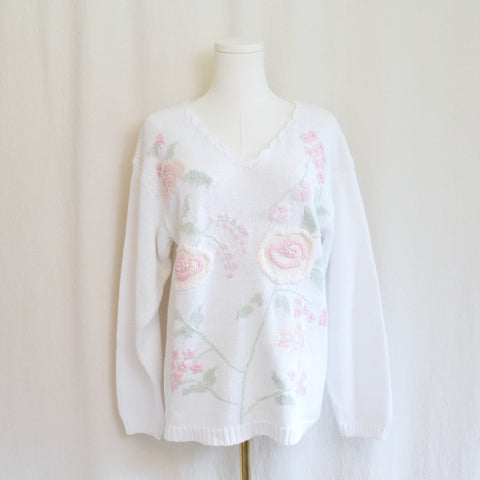 vintage kristen grey white cotton blend floral sweater