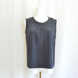 simple boxy cut pure silk black tank with lace collar