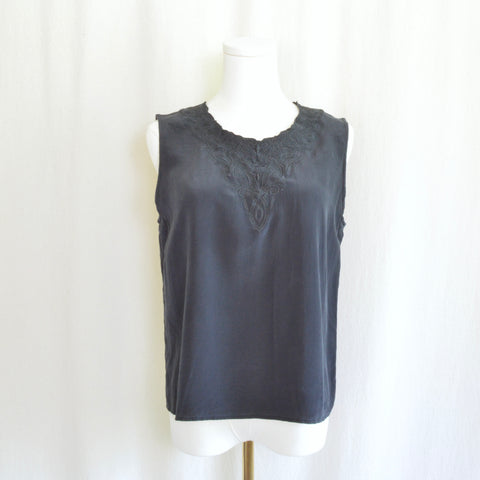 simple boxy cut pure silk black tank with lace collar