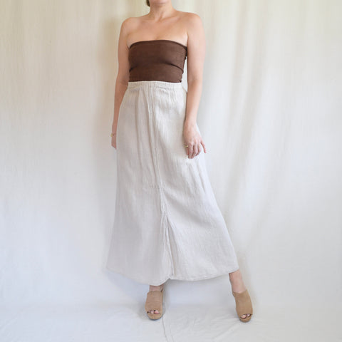 32 - 38” vintage elastic waist oatmeal flax skirt with front and back slits